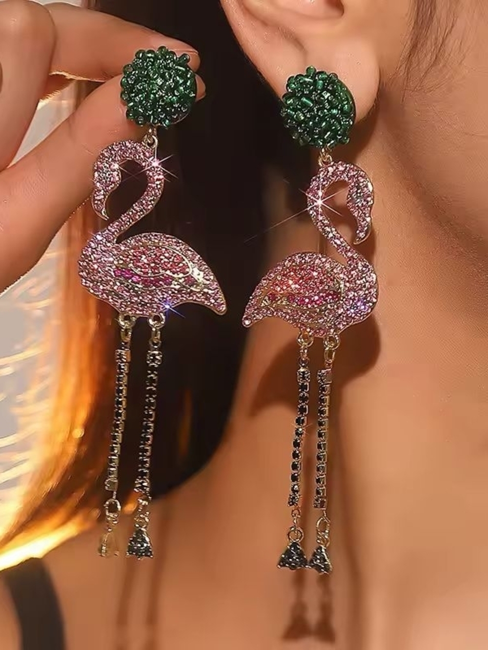 Pink Flamingo Drop Earrings with Green Studs